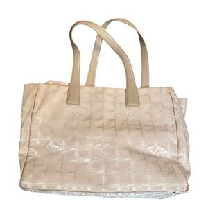 AUTH CHANEL Authentic Travel Line Beige CC Nylon Leather Tote Bag Neutral Purse